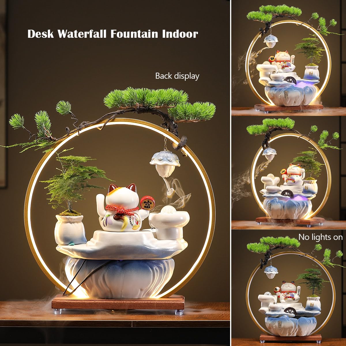 TXYXT Indoor Tabletop Waterfall Fountain with Chinese Ceramic Lucky Cat Waving Arm Figurine,Desktop Mini Water Fountain Decoration,LED Light Ring Backflow Incense Burner for Desk