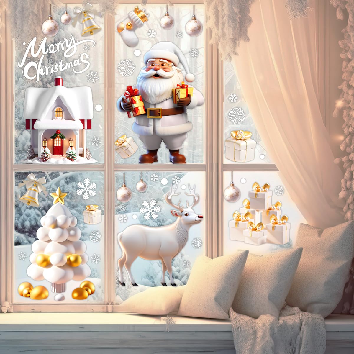 LONGTEN Christmas Windows Static Stickers Clings Santa Claus Snowman Deer Snowflake Removable Vinyl Christmas Tree DIY Wall Window Door Mural Decal Sticker for Showcase