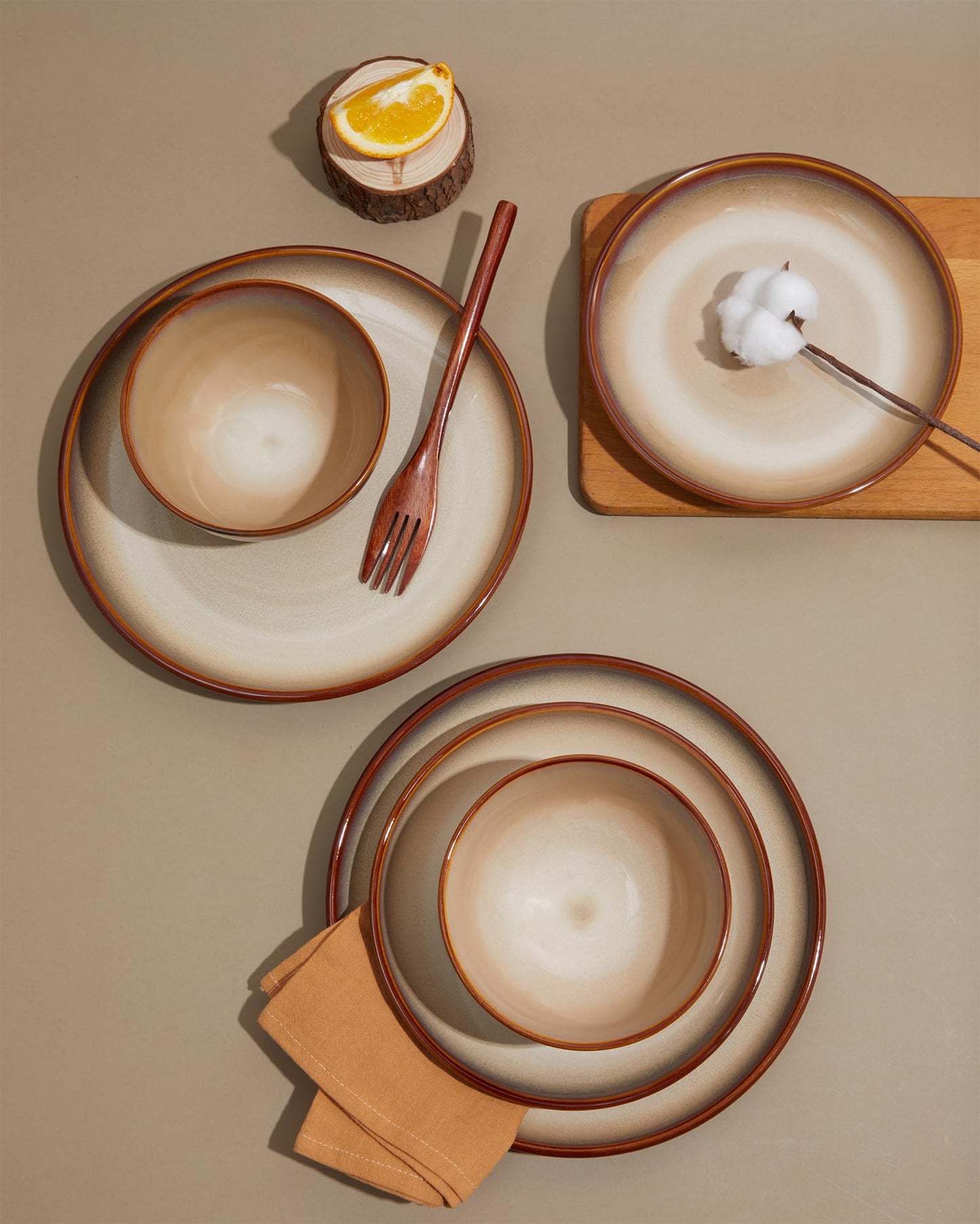 Pokini Stoneware Dinnerware Set Service for 4, 12 pcs Reactive Glaze Plates and Bowls Sets, Handmade Round Dishes Set, Highly Chip and Crack Resistant Modern Plate Set, Brown Yellow