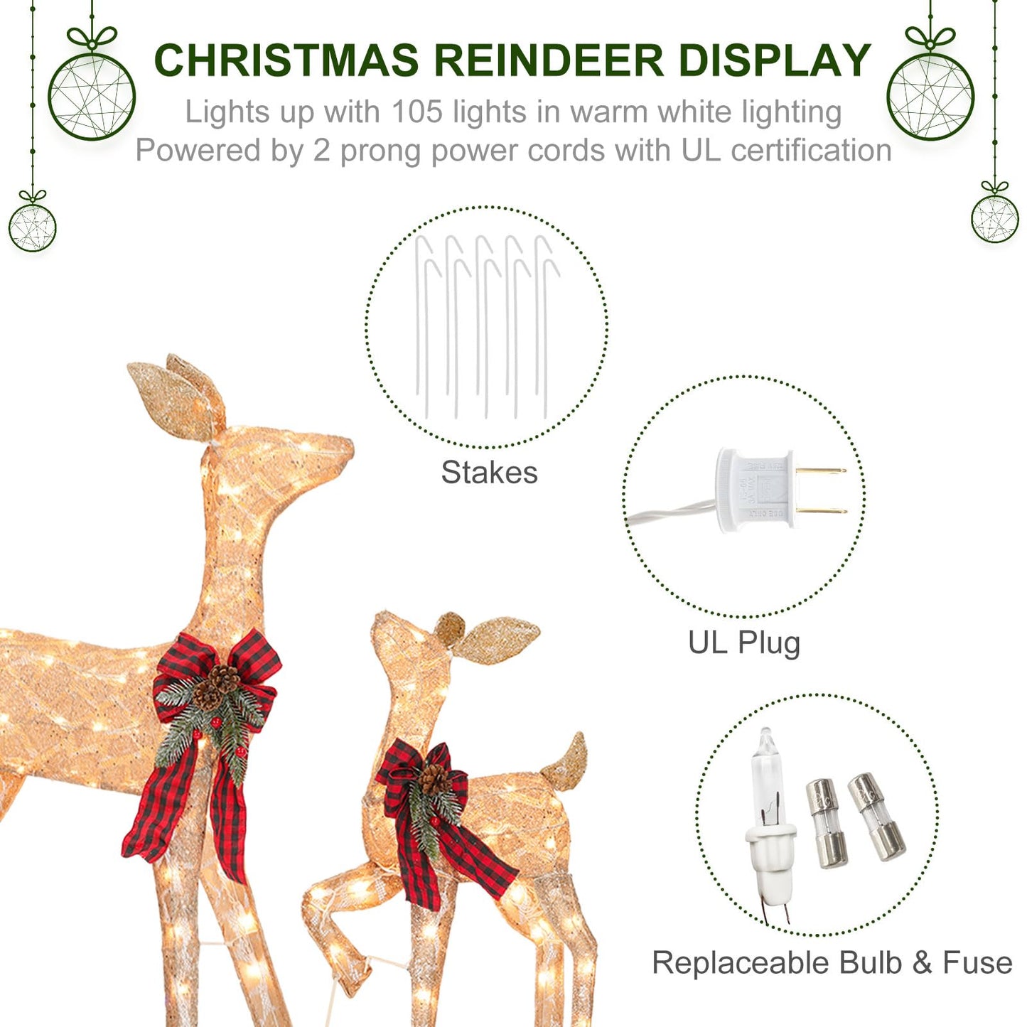 2 Pack Reindeer Christmas Decoration with 105 Lights Xmas Lighted Golden Glittering Deer for Indoor Outdoor Yard Lawn Decoration