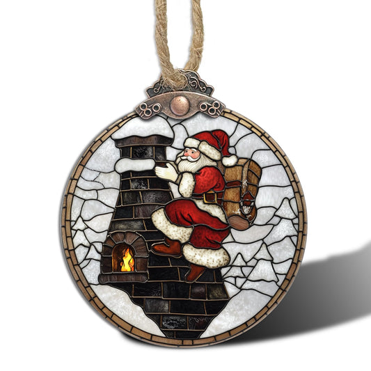 HWRHTR Stained Glass Christmas Decorations, Santa Claus Chimney Suncatcher for Window Christmas Tree Hanging Ornaments White Sun Catcher Xmas Decor Gifts for Little Girl Women Men Mom Nana Friend