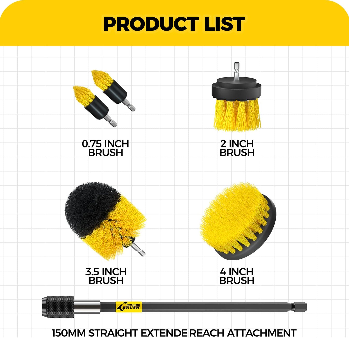 Holikme 6Pack Drill Brush Power Scrubber Cleaning Brush Extended Long Attachment Set All Purpose Drill Scrub Brushes Kit for Grout, Floor, Tub, Shower, Tile, Bathroom and Kitchen Surface,Yellow