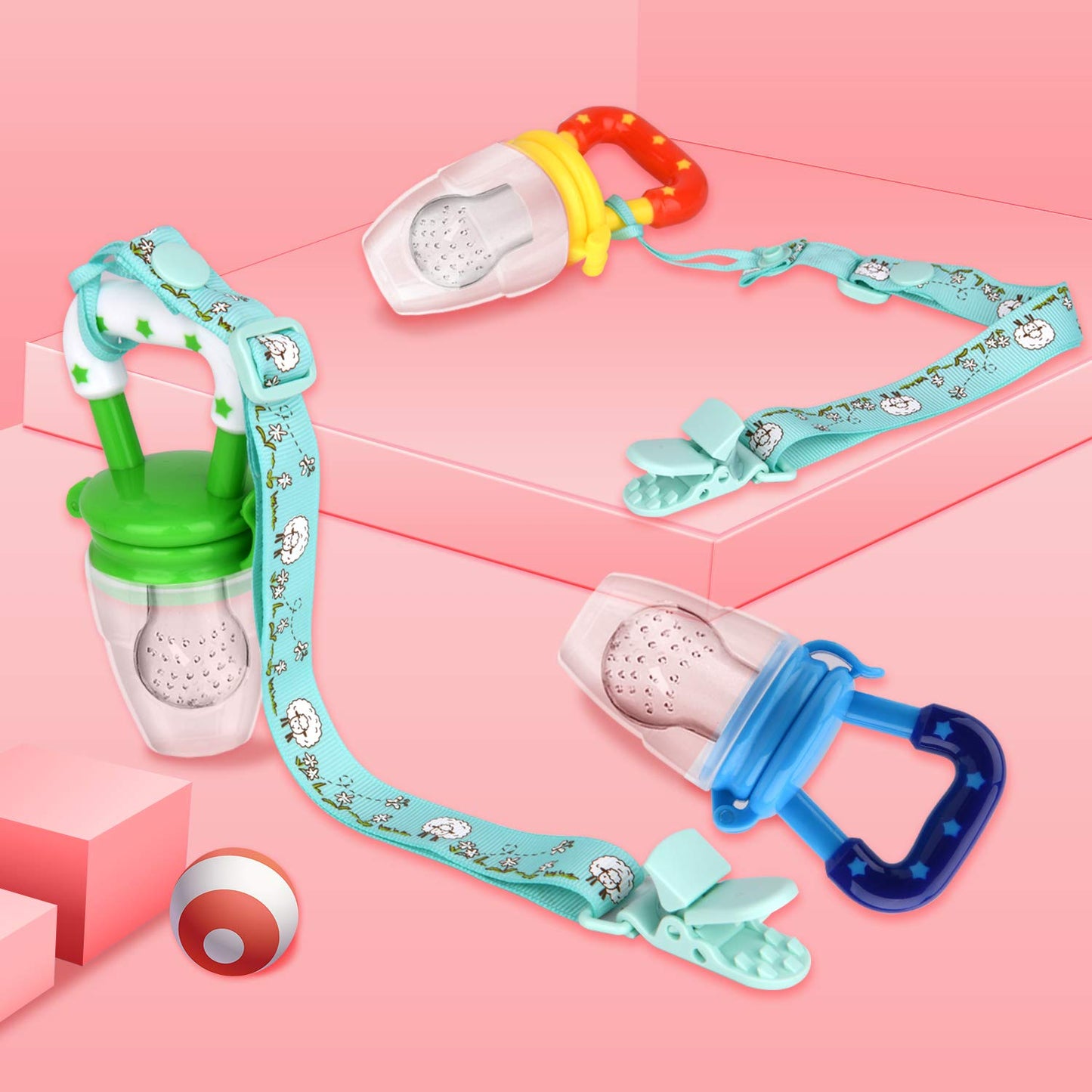 Food Feeder Baby Fruit Pacifier (3 Pcs) with 6 Different Sized Silicone Pacifiers 2 PCS Dispensing Spoon 90ML Spoons Clip Infant Teething Toy -Blue