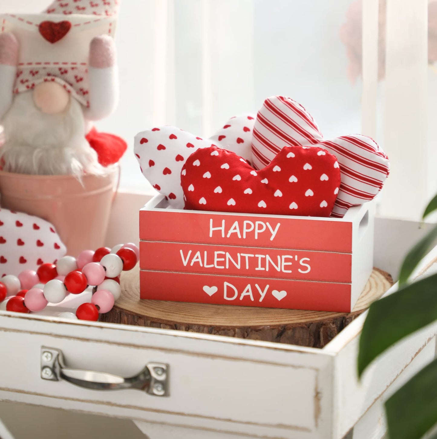 KORMMCO Valentine Decor Wooden Created with 3 PCS Fabric Heart, Valentines Table Centerpiece,Farmhouse Table Decor for Tiered Tray, Valentine's Home Kitchen Decor,Red