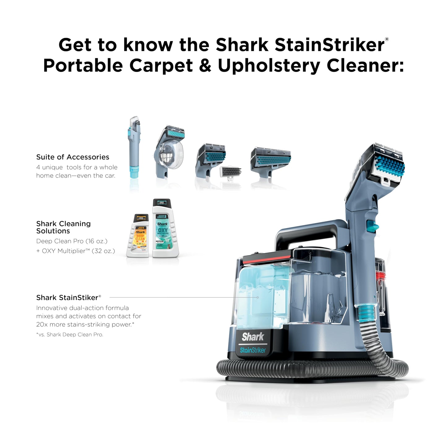 Shark StainStriker Portable Carpet Upholstery & Area Rug Cleaner, Bonus XL Tool & Full-Size Cleaning Solution, Stain & Odor Remover, Perfect for Car Interiors, 4 Cleaning Tools, Nordic Blue, PX202BRN