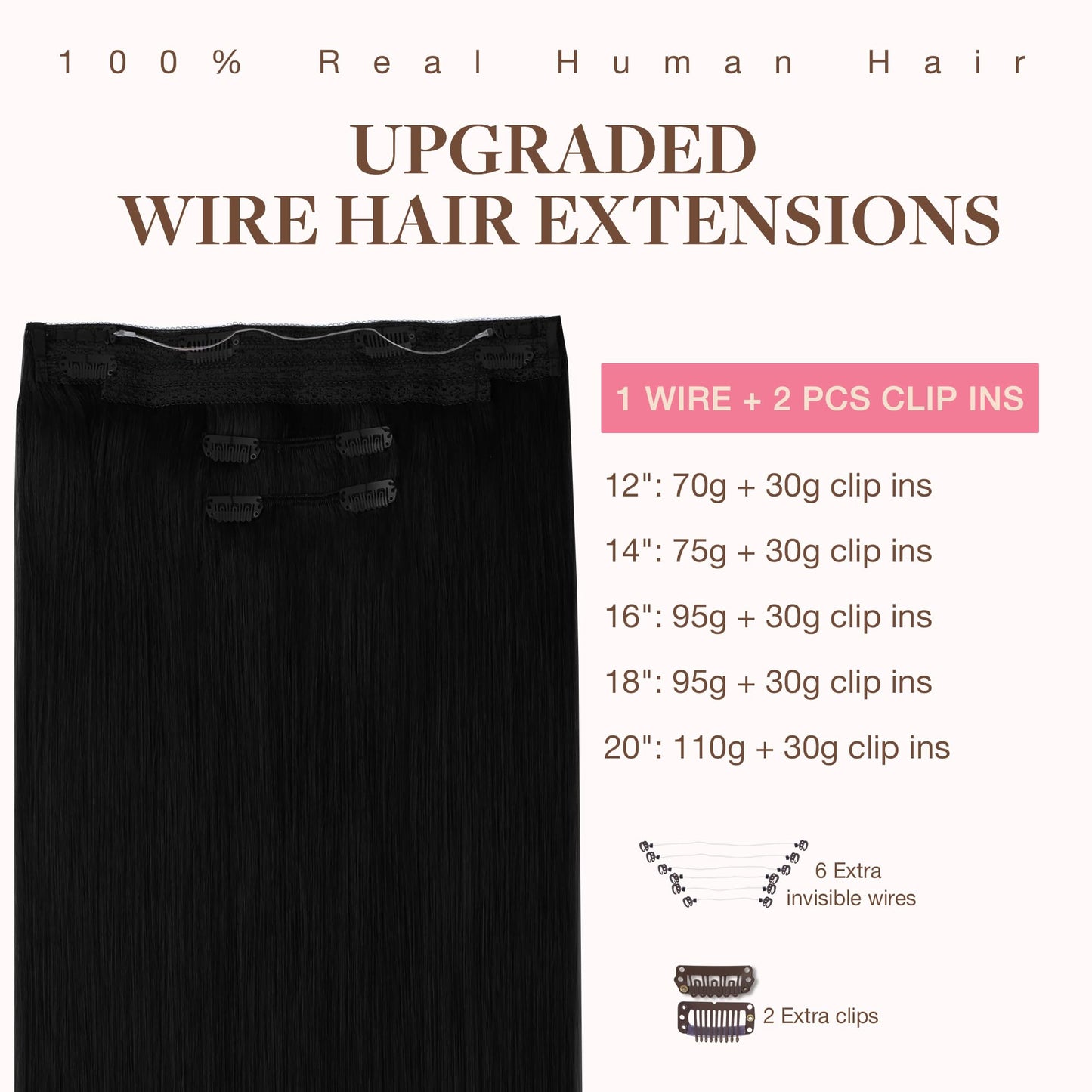 GOO GOO Wire Hair Extensions Human Hair, 1 Jet black Natural 20inch 140g, Invisible Wire Hair Extensions with Transparent, Seamless Fish Line Hairpiece