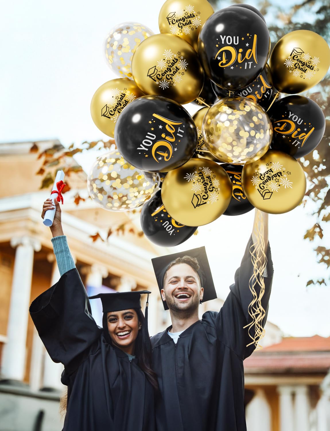 Graduation Balloons, Congrats Grad Balloons 12 Inch Black and Gold Balloon Class of 2025 Gold Confetti Latex Balloon for College High School Happy Graduation Party Decorations Supplies (18Pcs)