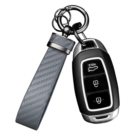 Turcee Leather Car Keychain - Carbon Fiber Interior Key Fob with Anti-Lost D-Ring - Car Accessory Key Ring (Black)