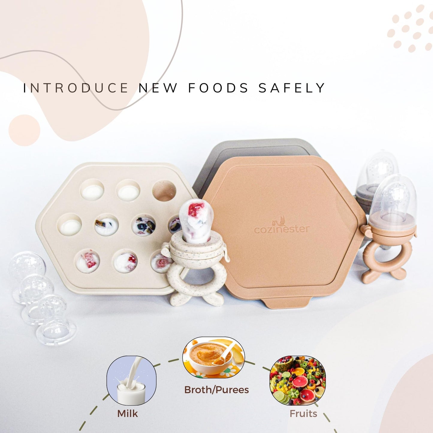 Cozinester Baby Fruit Feeder & Teething Relief | Baby Feeding Essentials | Innovative Baby Teething Relief Tool | BPA Free Breast Milk Popsicle Teether for Self Feeding | Includes 2 Pouches (Brown)