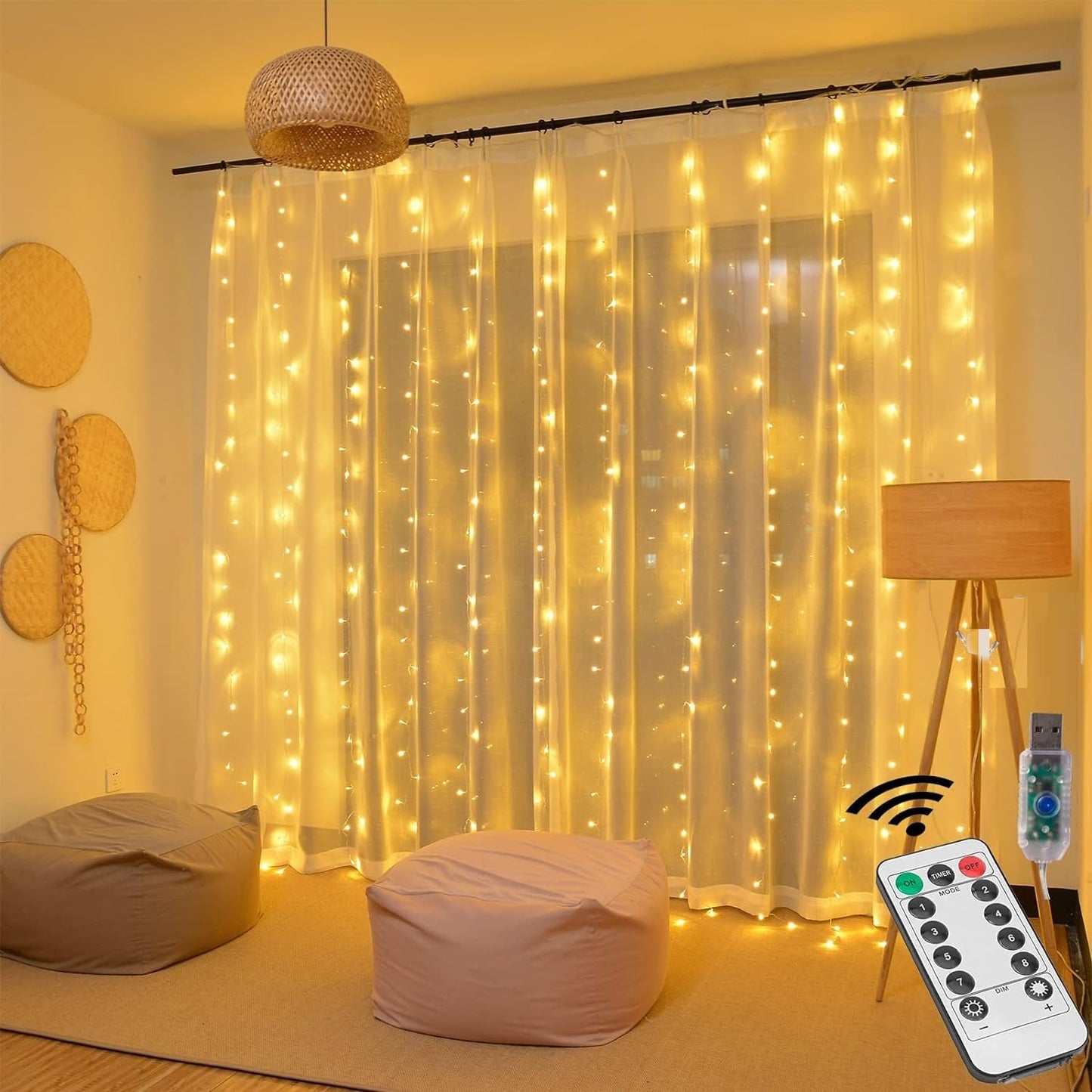 Honche 300Led Cuttable Curtain String Lights 10x10ft with Remote Window Lights for Bedroom Wedding Party Festive Season Propose Marriage (Warm White)