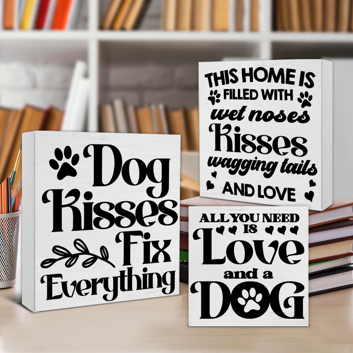 3 Pcs Dogs Wood Signs Decor Dog Lover Wood Block Sign Farmhouse Dog Themed Wooden Box Signs Decorations for Home Tiered Tray Desk Table Shelf