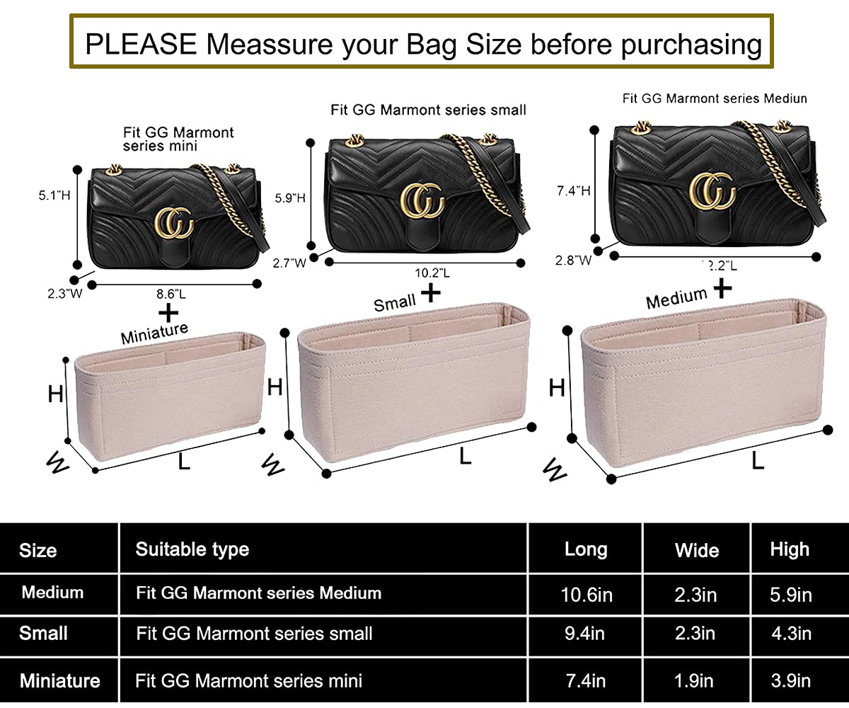 LEXSION Felt Insert Purse Organizer with Zipper,Small Handbag Tote Shaper Insert for GG Marmont Matelasse Shoulder Bag(Pack of 2)-Small 8030 Beige