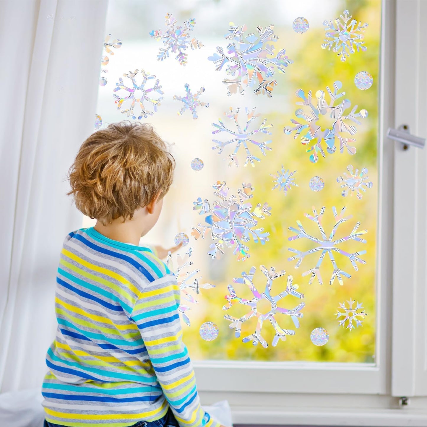 216pcs Christmas Snowflake Window Clings for Glass Windows Decorations, 8 Sheets Iridescent Static Snowflake Window Decal Stickers for Christmas Windows Decor 