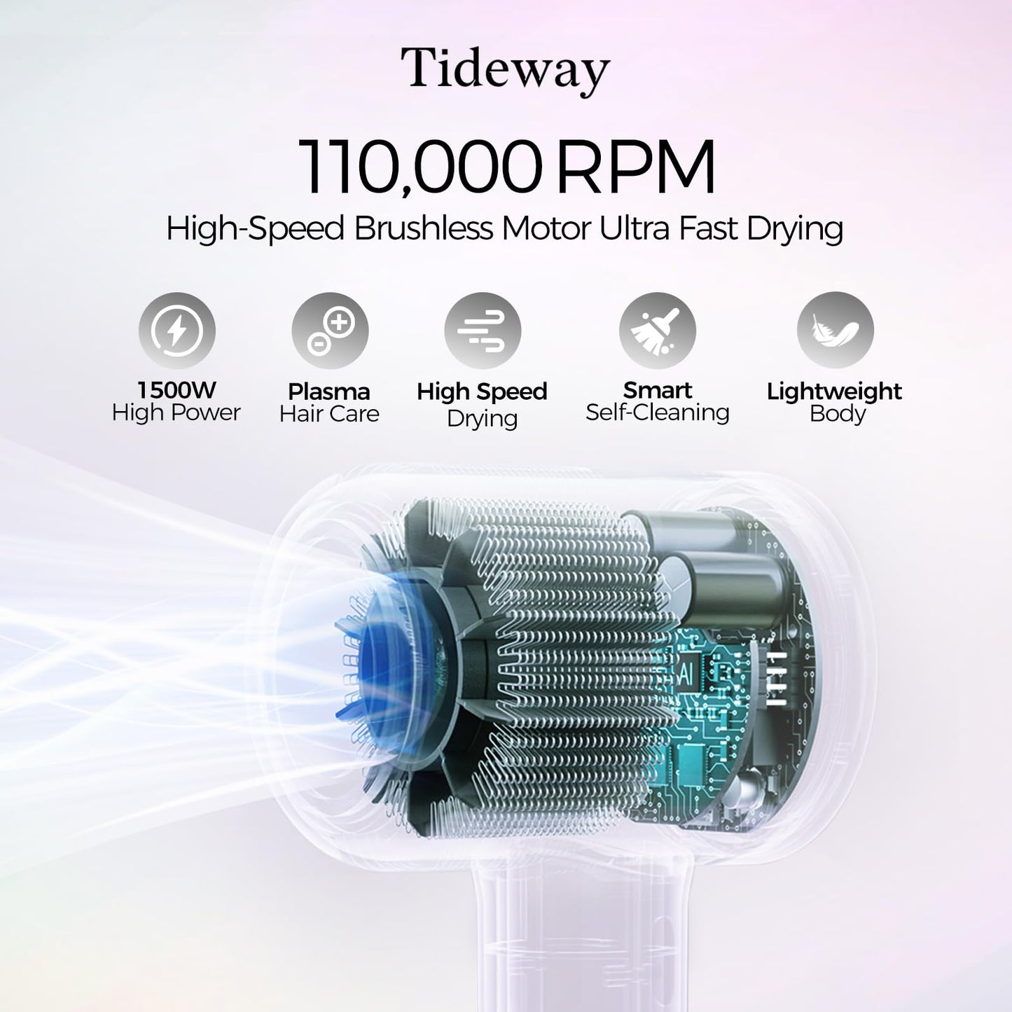 Tideway H11 Hair Dryer 110000 RPM Professional High-Speed, Rapid Drying Plasma Tech for Scalp Health, Lightweight Low Noise, Smart Temp Control,4 Temps Travel with Magnetic Nozzle&Diffuser (White)