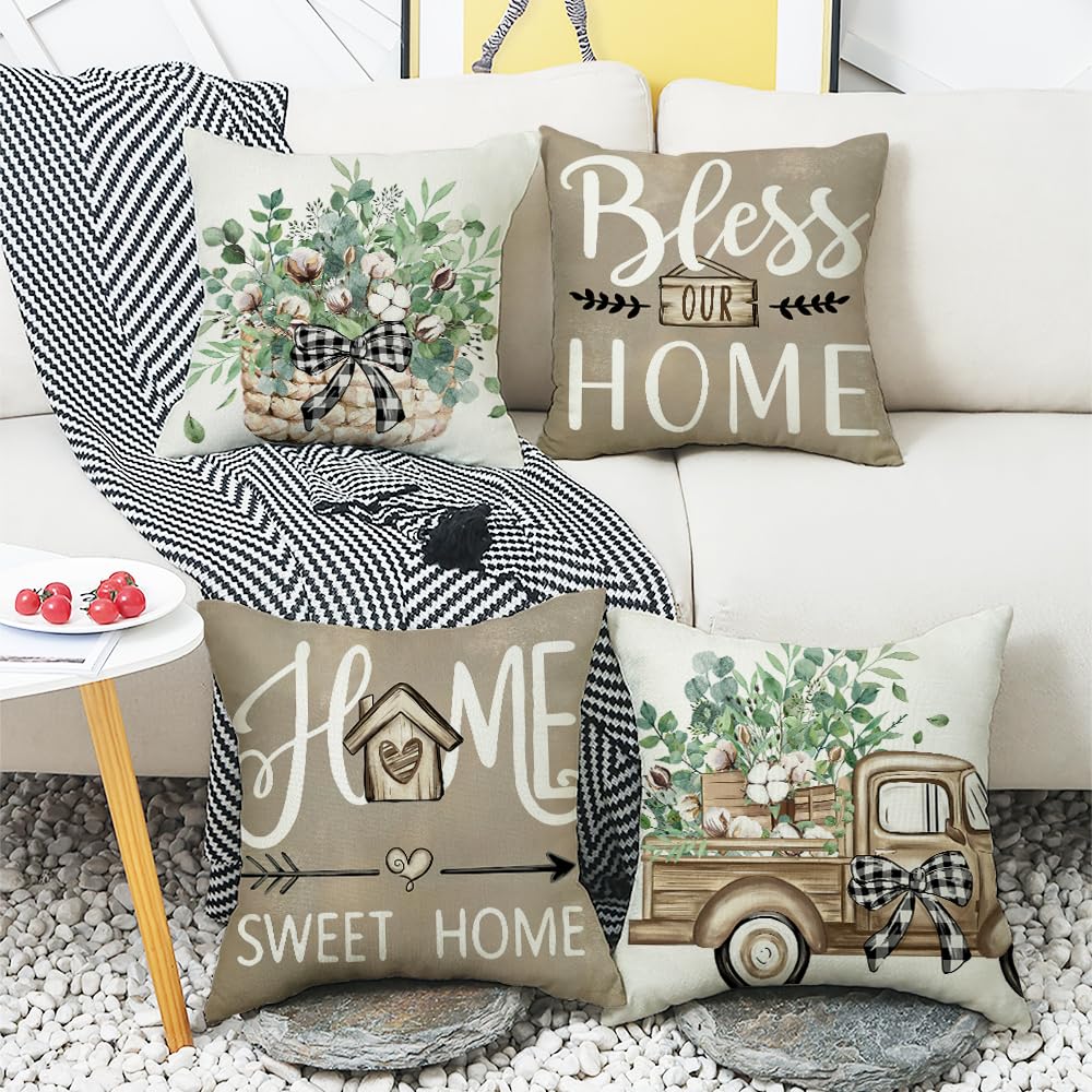 wyooxoo Throw Pillow Covers 18x18 Set of 4 Farmhouse Pillow Covers Home Sweet Home Cushion Cases for Sofa Couch Living Room Outdoor Home Decor
