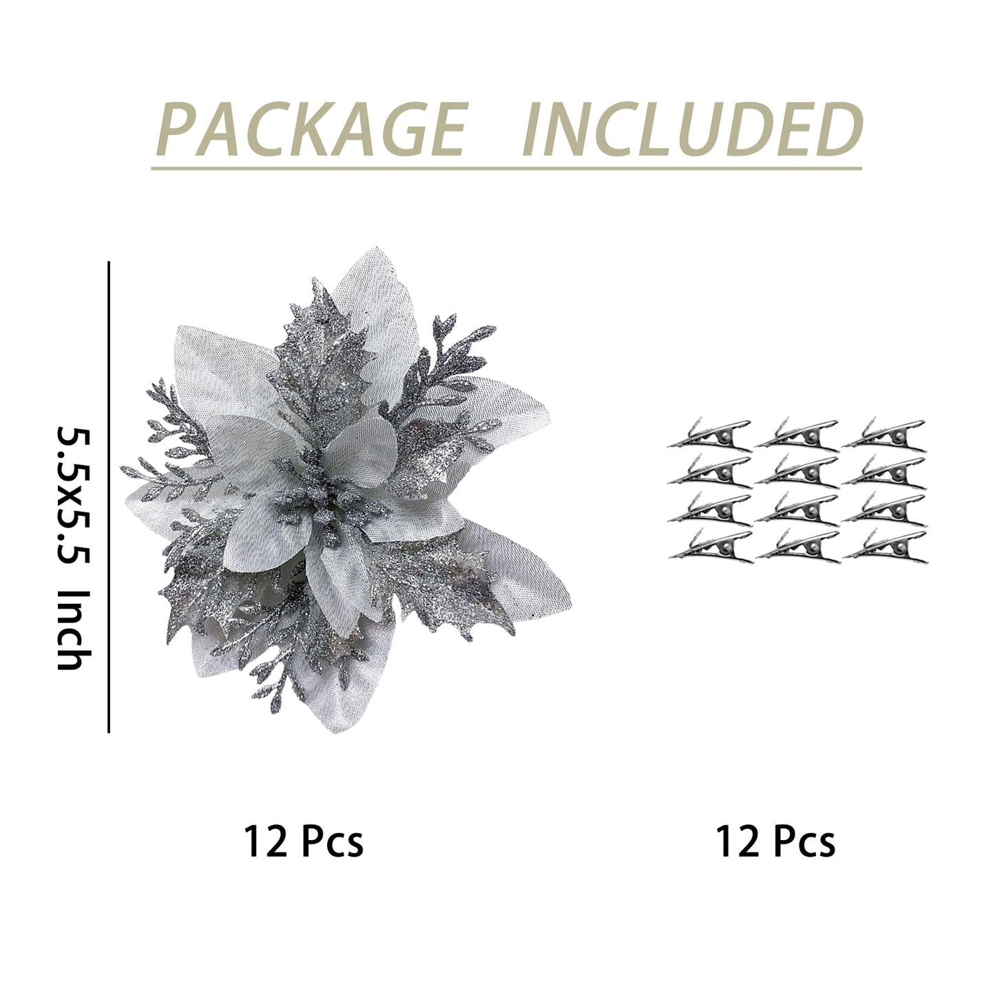 YUAGOLLE Christmas Artificial Poinsettia Flowers: 12pcs Silver Poinsettia With Clips Silk Glitter Picks Fake Floral, For Decorations, Xmas tree decor, Wreath Garland Bulk, Wedding, New Year ornaments.