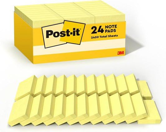 Post-it Notes, 1/3/8 x 1 7/8 in, 24 Sticky Notes Pads, 100 Sheets per Pad, Canary Yellow, The Original Post-it Note, School Supplies and Office Products