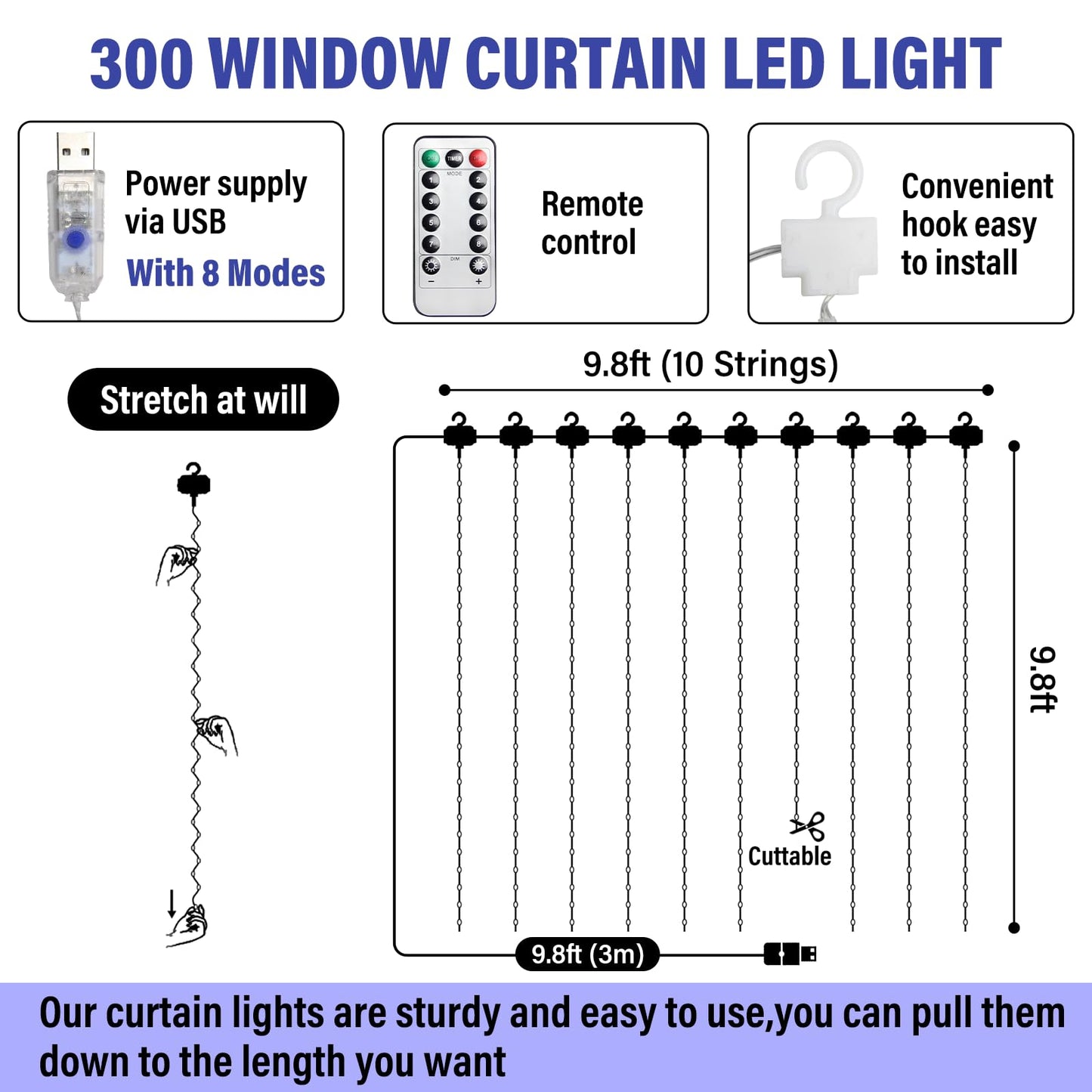 DOVORSY 2 Pc 300 LED Fairy Curtain Light,9.8x9.8Ft Cold White USB Plug in 8 Modes Christmas String Waterproof Lights for Bedroom,Wedding,Party,Garden,Outdoor&Indoor Wall Decorations Twinkle Lights
