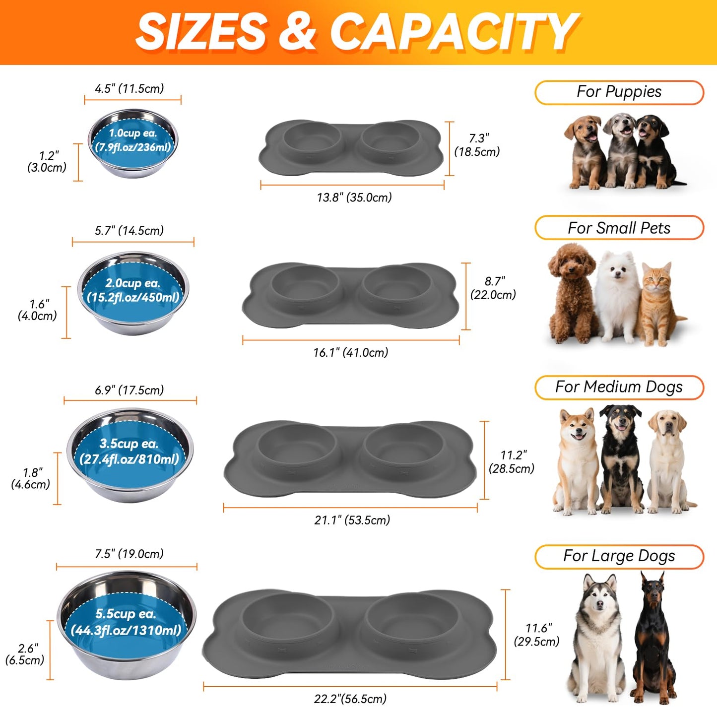 VIVAGLORY Dog Bowls, Dog Food Bowls, Stainless Steel Cat Puppy Water Bowls with Non Spill Skid Resistant Silicone Mat, Small, Ivory