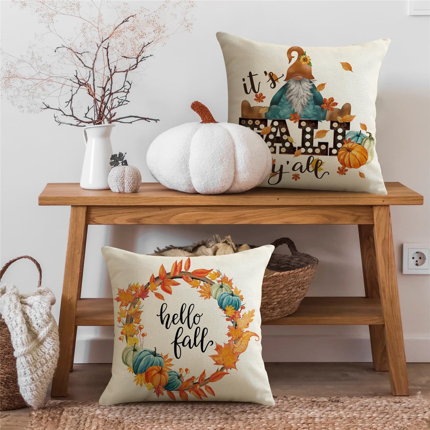 NIGHTWISH Fall Pillow Covers 18x18 Set of 4 Thanksgiving Farmhouse Decorations Teal Truck Gnome Outdoor Fall Decor Throw Pillow Covers Thankful Pumpkins Harvest Autumn Cushion Case for Sofa Couch