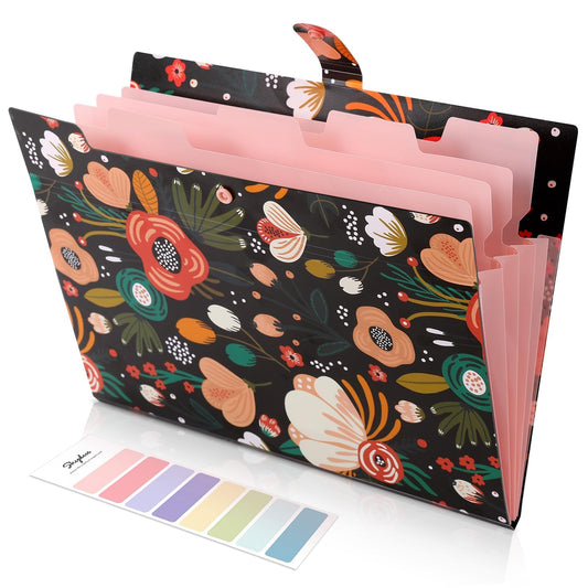 SKYDUE Expanding File Folder with 5 Pockets, Floral Accordion File Organizer for Important Document,Portable Receipt Paper Organizer,School Office Supplies Black