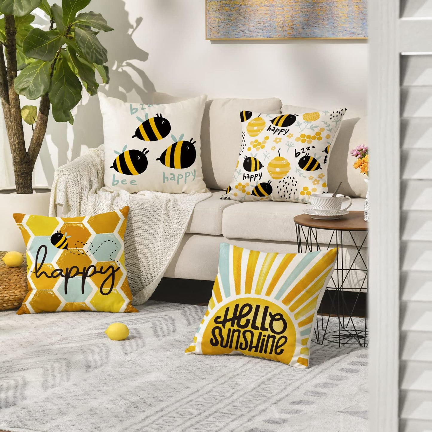 AVOIN colorlife Bee Happy Hello Sunshine Throw Pillow Covers, 18 x 18 Inch Honeycomb Sunshine Summer Cushion Case for Sofa Couch Set of 4