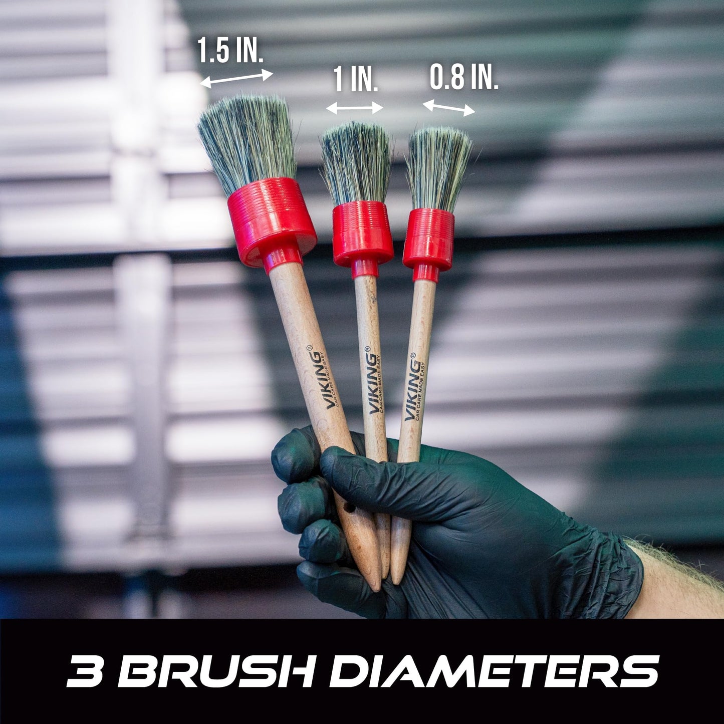 VIKING Car Detailing Brush Set for Car Cleaning Kit, Super-Soft Bristles for Exterior Detail, Includes Small, Medium, and Large Diameter Brush Heads, 3 Pack, Red