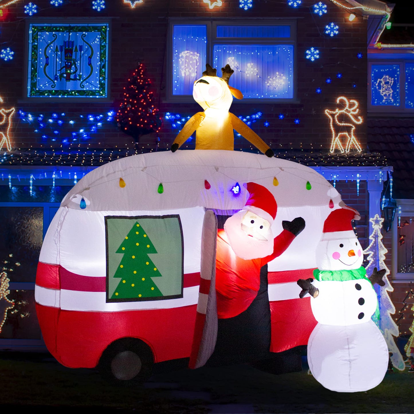 luxfcup 8FT Christmas Inflatable Santa Snowman Camper Inflatables Decoration with LED Lights Outdoor Yard to Blow Up Christmas Car Easter Decorations
