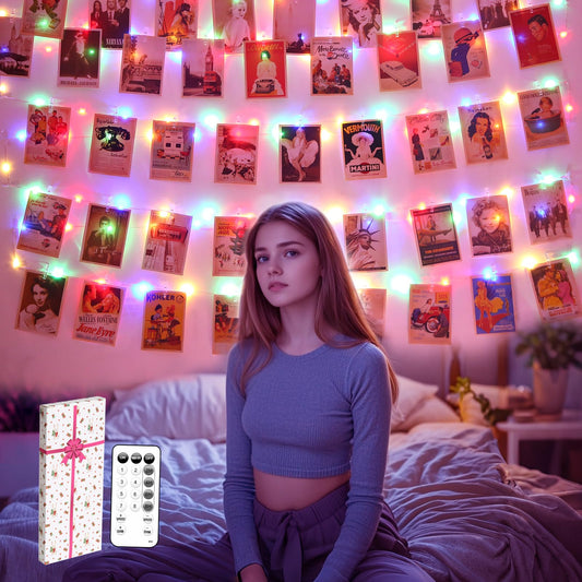 BRYUBR Photo Clips String Lights for Girls: USB Powered 40Ft 120LED 50Clips - Waterproof/8 Modes/Remote/Timer Fairy Light for Bedroom Dorm Picture Hanging - Christmas Party Wedding Decor (Multicolor