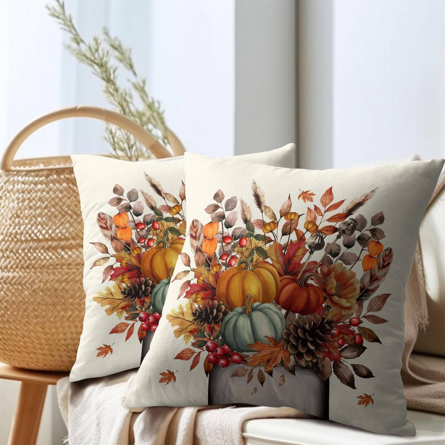 Fall Floral Maple Leaves Throw Pillow Covers 18X18 Inches Set of 2 Autumn Pumpkin Mason Jar Pillowcase Soft Cotton Linen Square Cushion Covers for Home Sofa Bedroom