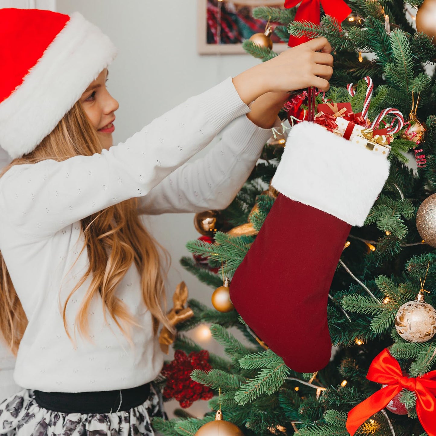 5 Pack Christmas Tradition Stockings, 18'' Family Christmas Stockings, Large Super Soft Christmas Stockings Red Velvet with White Super Soft Plush Cuff for Christmas Xmas Tree Holiday Fireplace H3