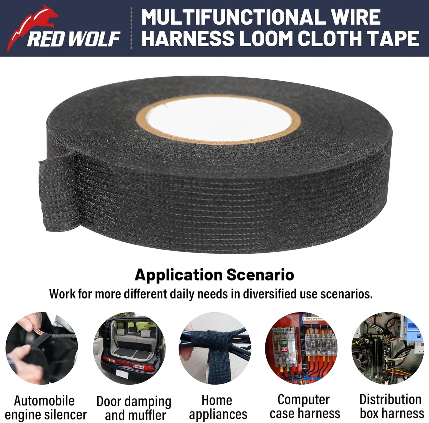 RED WOLF Wiring Harness Tape High Temp Wire Cable Loom Self-Adhesive Fabric Tape for Electrical Automotive Engine Harness Wrap Protection Noise Damping Cables Fixed 3/4 Inch x 50 FT 5 Rolls