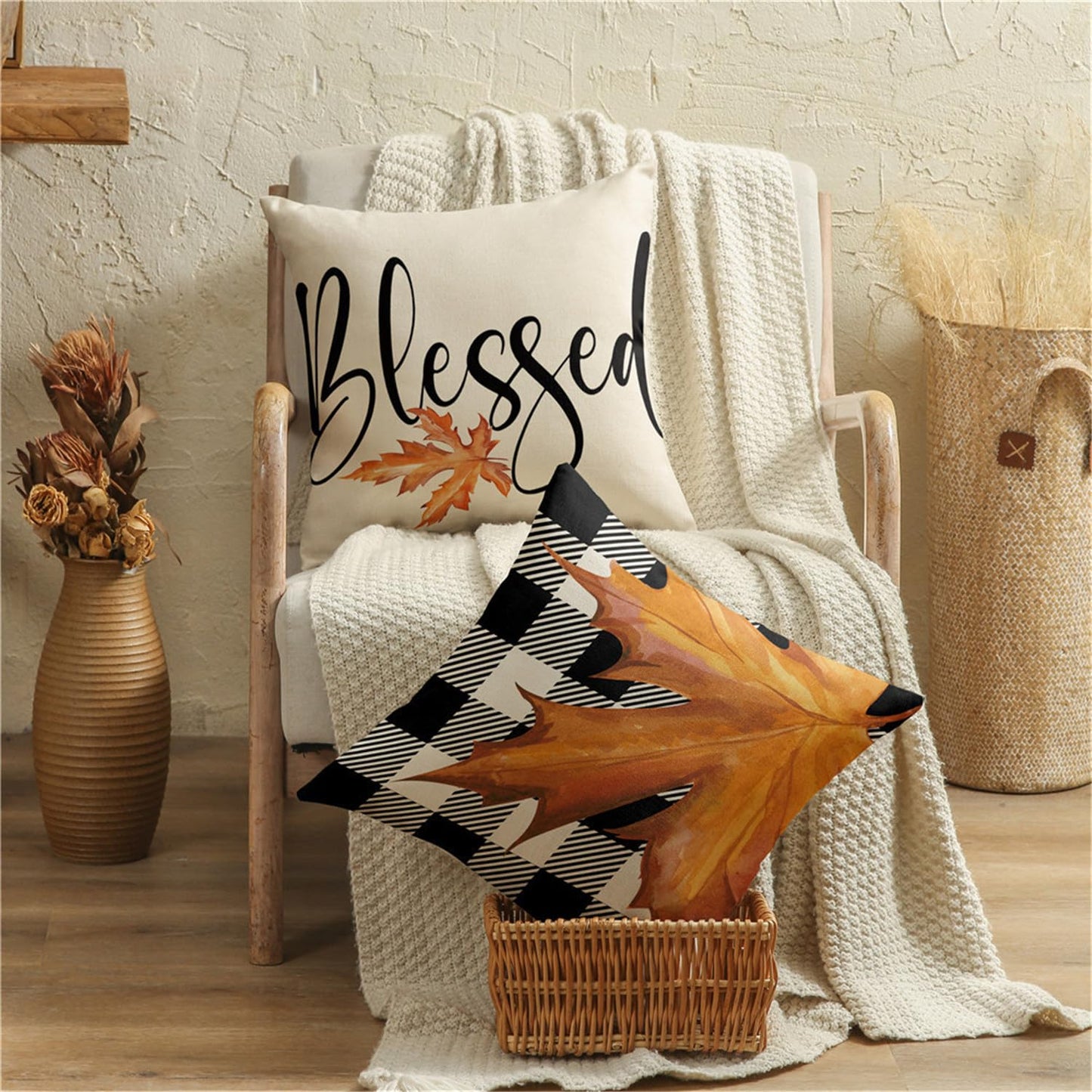 KISVODS Fall Pillow Covers 18x18 Thanksgiving Farmhouse Decorations Buffalo Plaid Pumpkin Maple Leaf Outdoor Fall Decor Throw Pillow Covers Blessed Autumn Harvest Cushion Case for Sofa Couch Set of 4