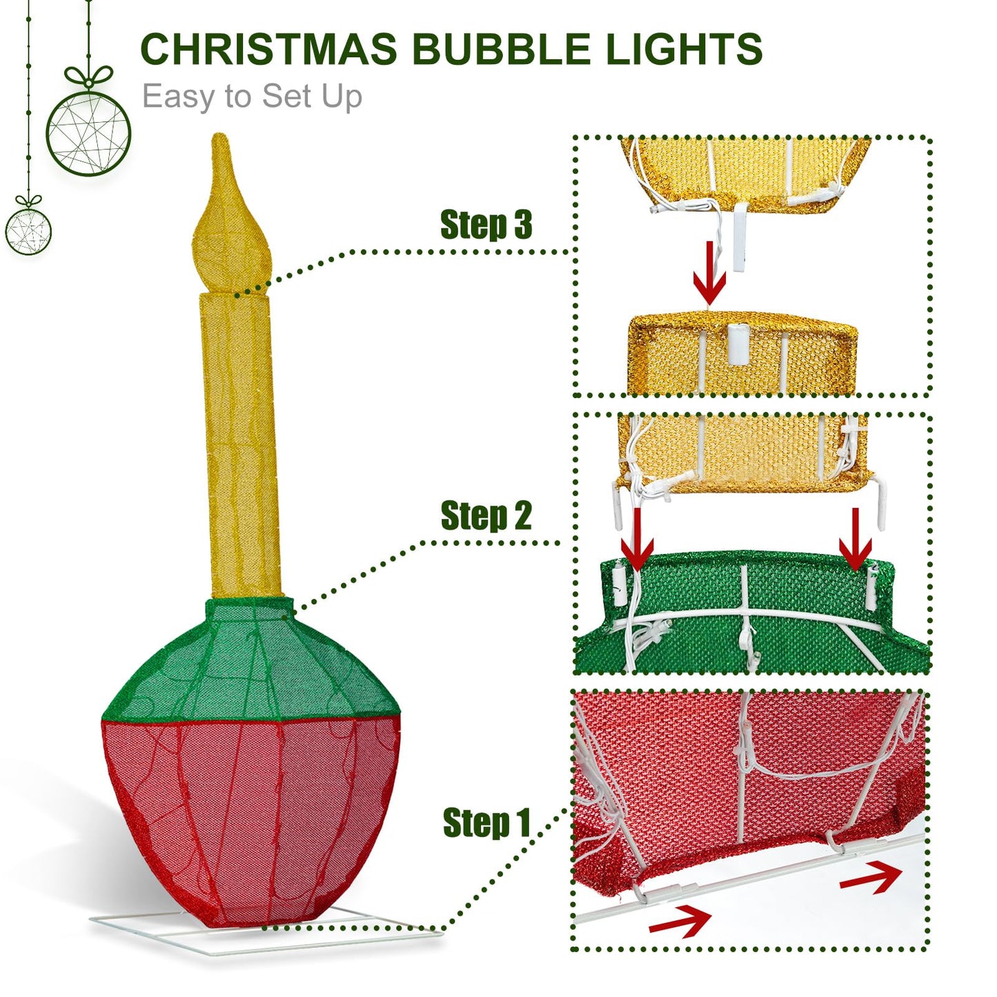 Christmas Bubble Light 48’’H Pre-Lit with 60 Warm White LED Lights, Battery Operated with Timer, Twinkling and Flowing, Traditional Decoration