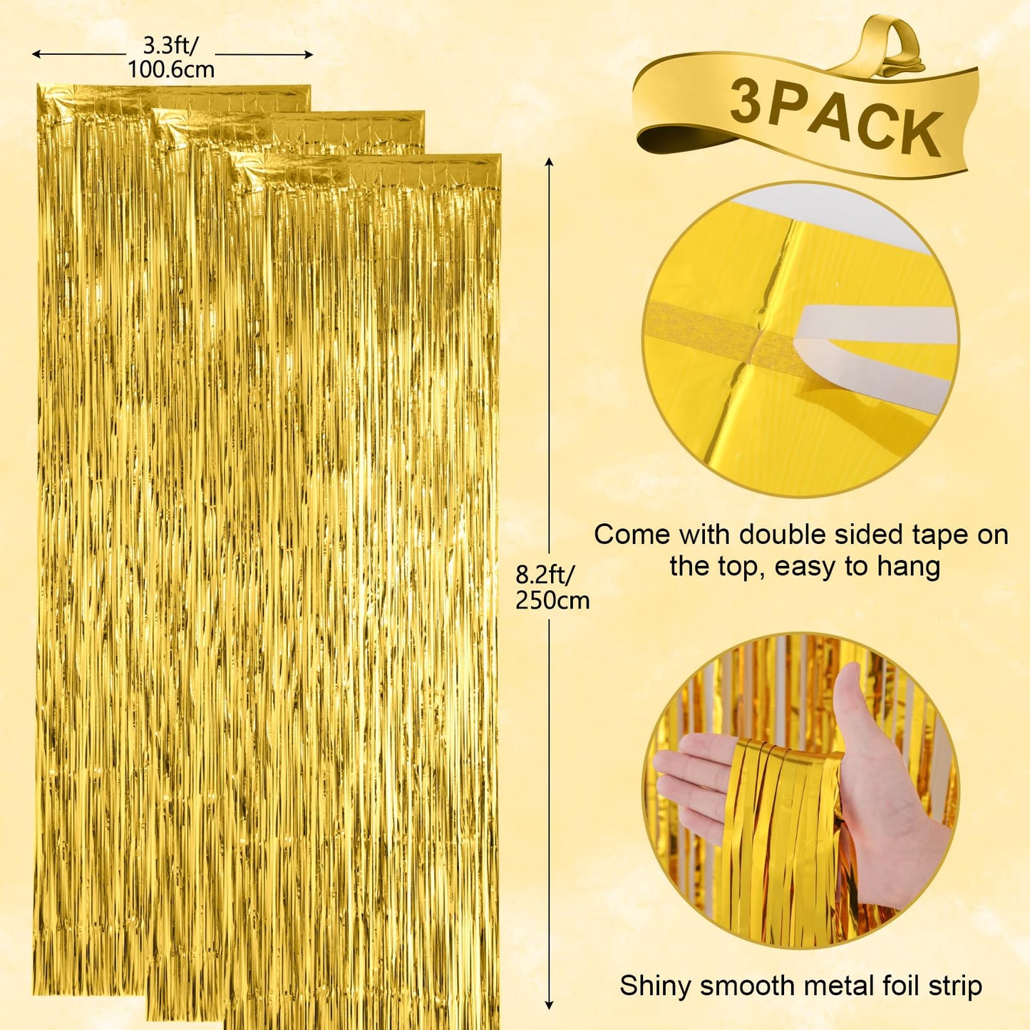 Voircoloria 3 Pack 3.3x8.2 Feet Gold Foil Fringe Backdrop Curtains, Tinsel Streamers, Fringe Backdrop for 2025 New Years Eve, Graduation, Birthday, Baby Shower, Gender Reveal, Disco Party