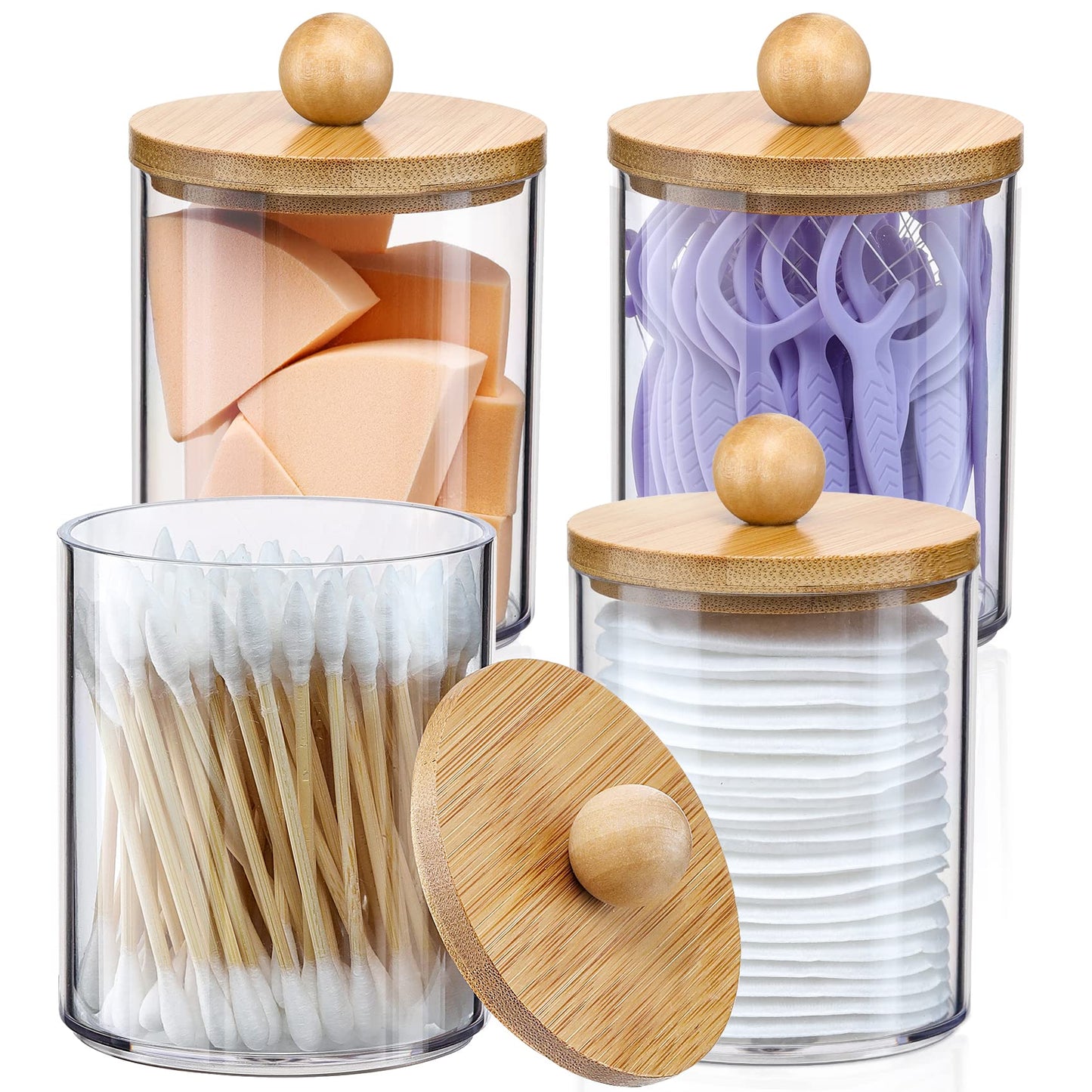 Paquete de 4 dispensadores Qtip con tapas de bambú, recipientes de plástico transparente de 10 onzas para almacenamiento organizador de maquillaje de tocador, juego de accesorios de baño para hisopos de algodón, bolas, almohadillas, hilo dental.