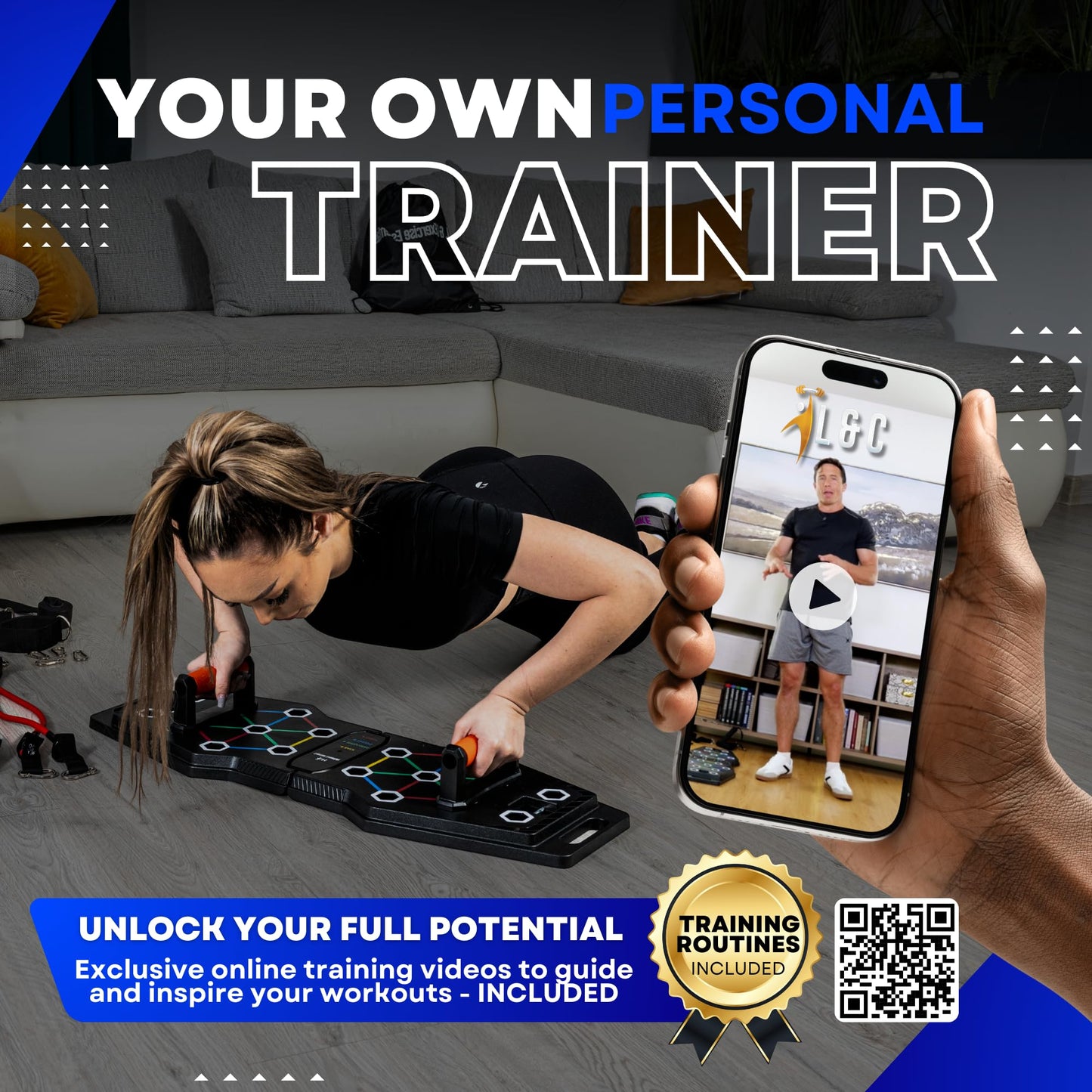 Push Up Board for Full Body Workout - Versatile Home Workout Equipment with QR Code Guided Workouts, Sweat Resistant Handles, Resistance Bands, Perfect for Beginners to Pros - L&C Exercise Essentials