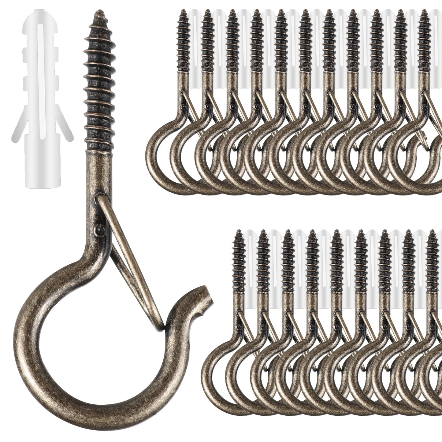 50 Pack Screw-in Hooks for Outdoor String Lights, Q Hanger Hooks for Outside, Swivel Hanging Basket Patio Hook with Safe Buckle, Plant Eye Hook for Wall Ceiling with 1 Wing Nut Driver, Silver