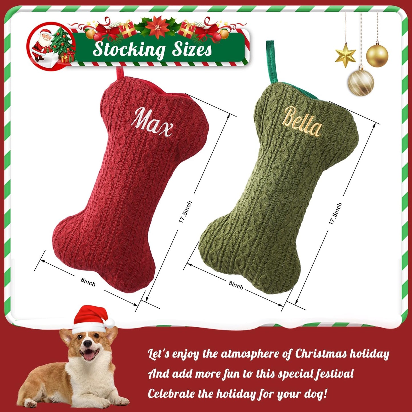Tarwanear Personalized Dog Christmas Stocking,Large Bone Shape Cable Knit Custom Name Embroidered Pet Xmas Stockings,Christmas Decorations Fireplace Hanging Stockings Family Holiday Stockings(1 Pack)