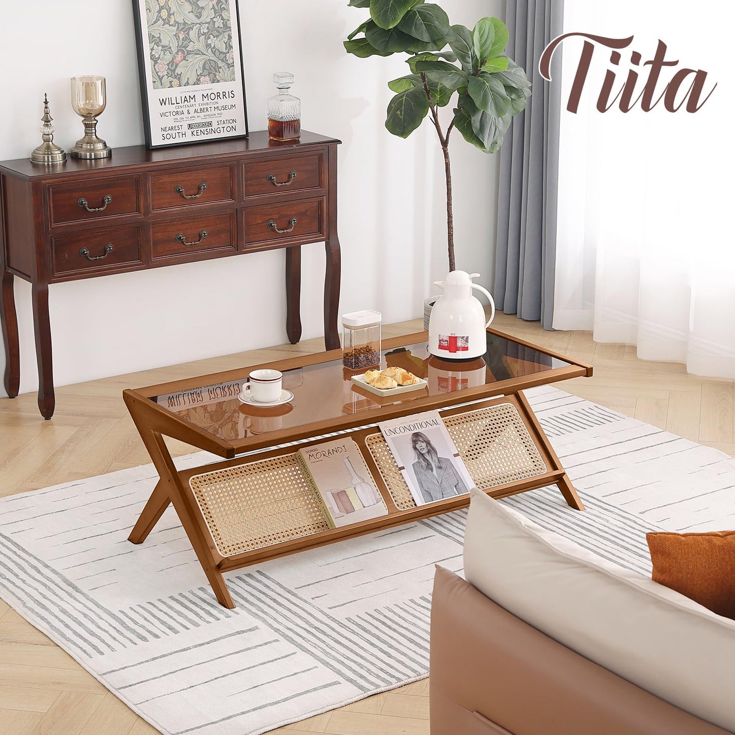 Tiita Rattan Coffee Table, Bamboo Accent Bedside Tables, Glass Nightstand Side Table, Boho Wooden End Table with Storage for Living Room,Living Room, Dining Room, Tea, Home Décor