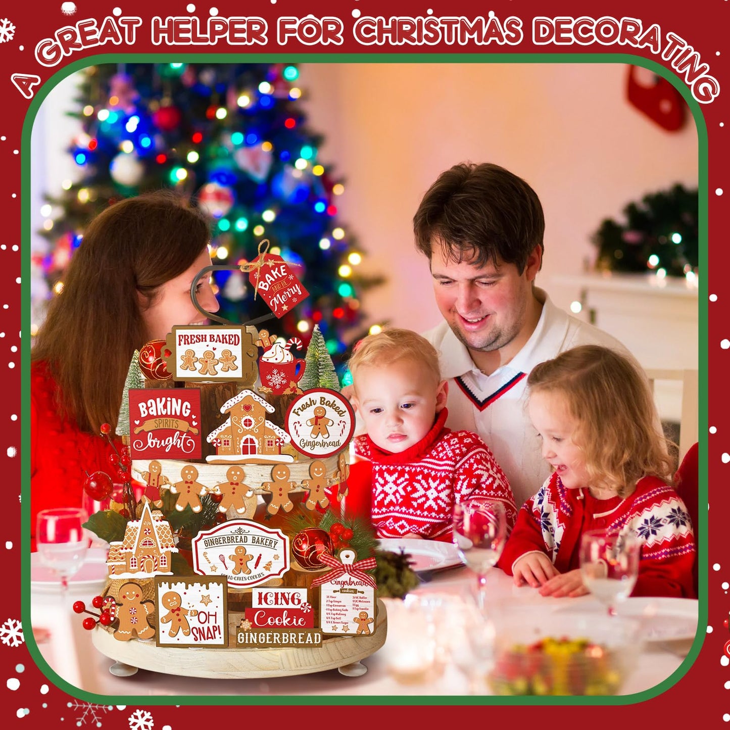 Funnymoom 17 Pcs Christmas Tiered Tray Decor Set Winter Tiered Tray Decorations Farmhouse Tabletop Centerpiece Christmas Wooden 3D Signs for Xmas Home Table Centerpiece Decorations(Gingerbread)