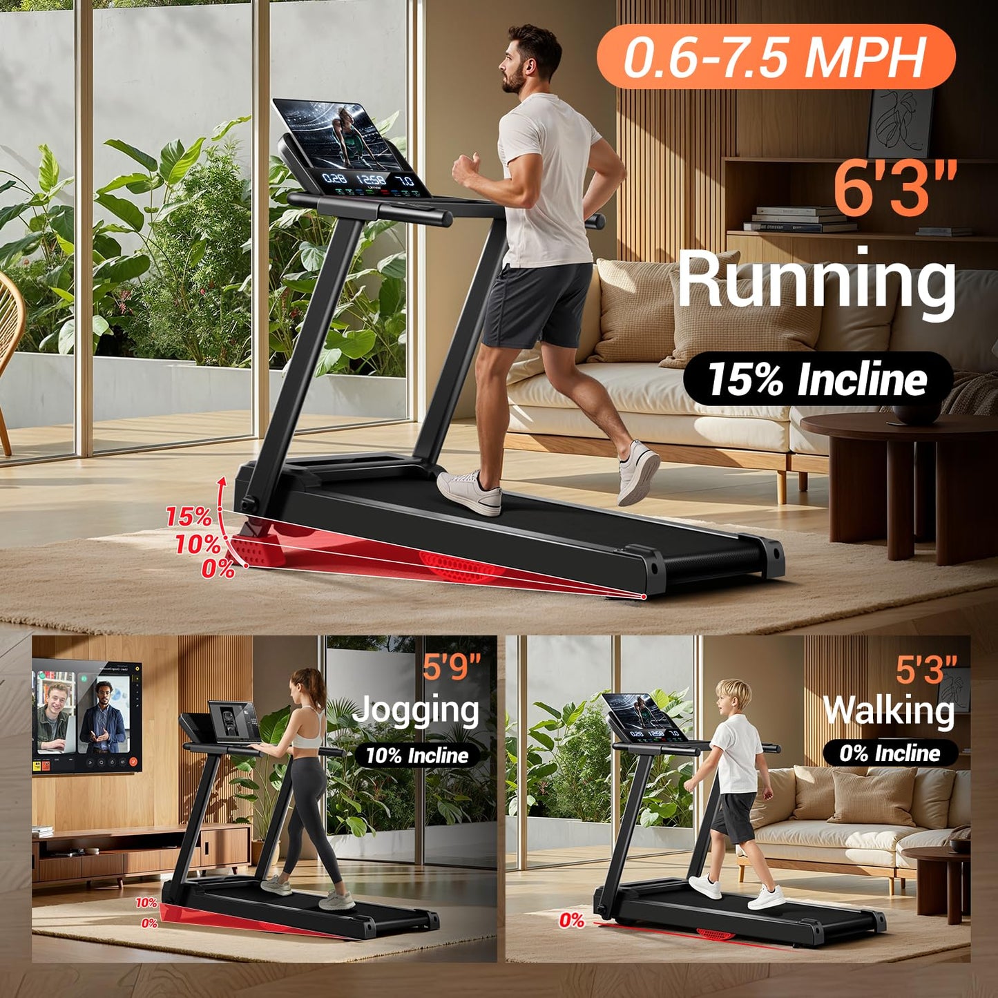 Treadmills for Home, 3.0HP Quiet Brushless Folding Treadmill with Heart Rate Sensor, Dual Cushion System, 303lbs Weight Capacity, Holder for Cup & Phone
