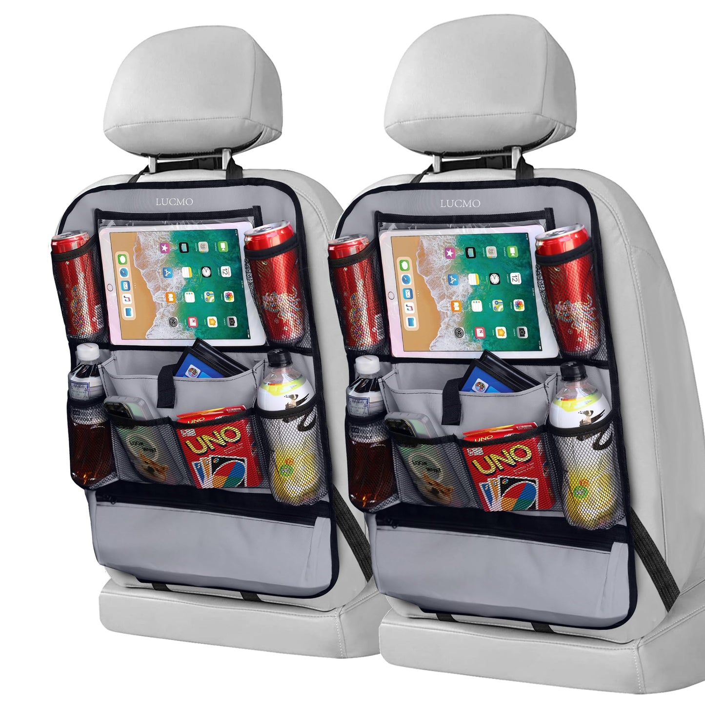 LUCMO Car Backseat Organizer with Touch Screen Tablet Holder,9 Storage Pockets Storage Organizer,Protectors Kick Mats Travel Accessories (Black, 2 Pack with Food Tray)