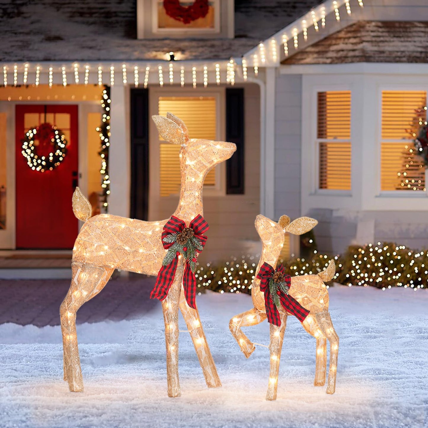 2 Pack Reindeer Christmas Decoration with 105 Lights Xmas Lighted Golden Glittering Deer for Indoor Outdoor Yard Lawn Decoration