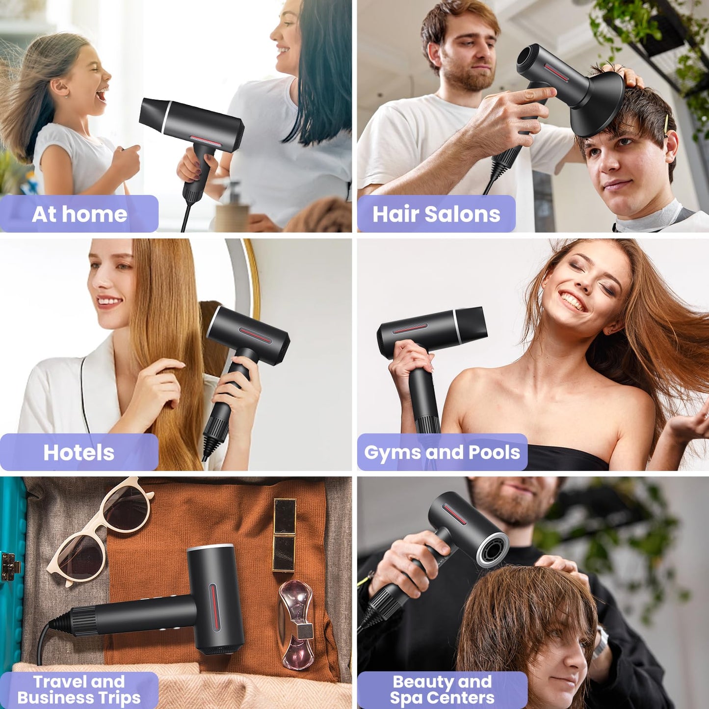 Hair Dryer, 1600W Professional Ionic High-Speed Blow Dryer for Fast Drying with Diffusers Nozzle and Styling Nozzle, Lightweight, Ultra-Quiet, Hair Dryer with 180000RPM Brushless Motor