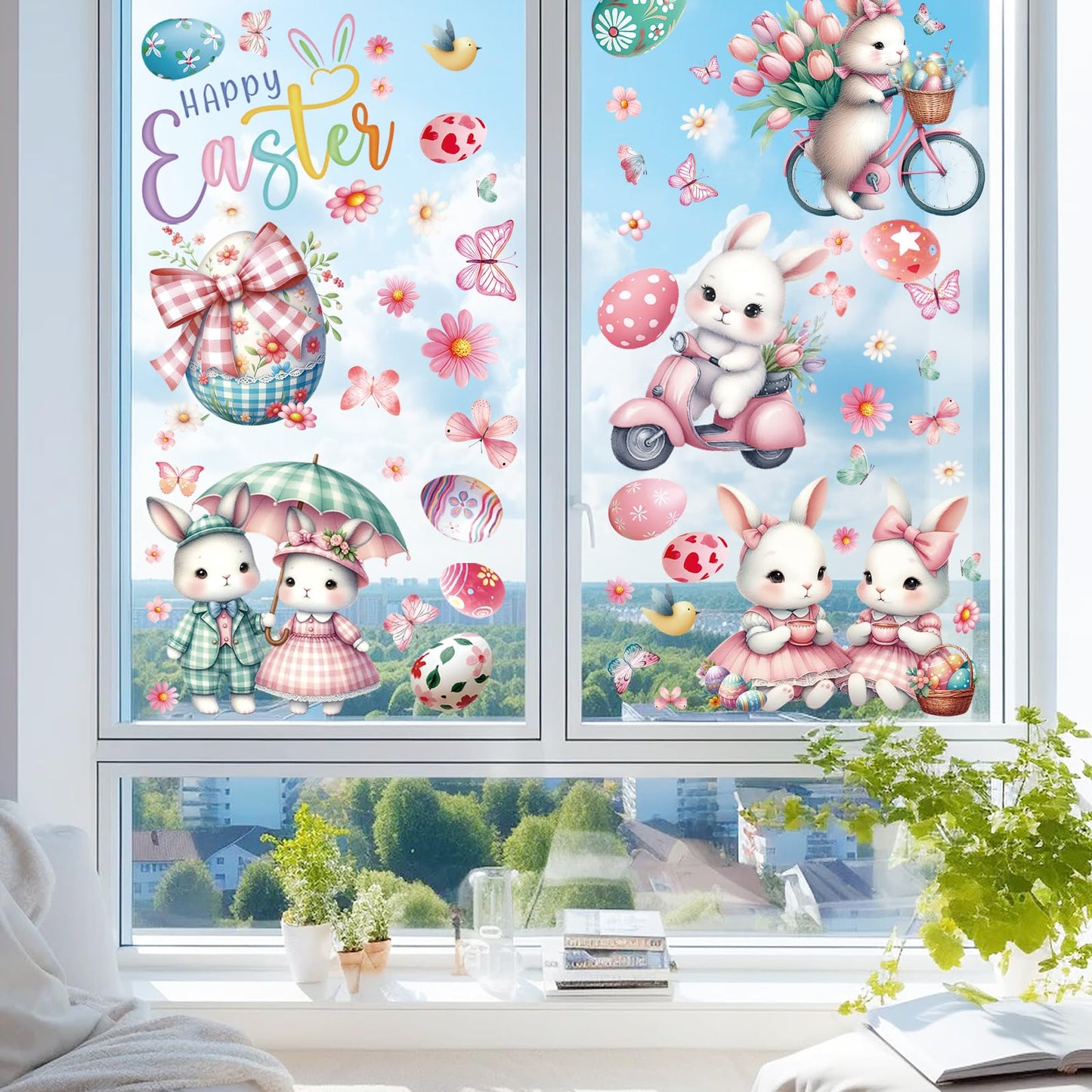 Easter Window Clings, 65 PCS Easter Stickers, Reusable Double-Sided Cute Large Bunny Egg Butterfly Lily Flowers Stickers for Home Office Glass Display Party Supplies, Party, Home, Office