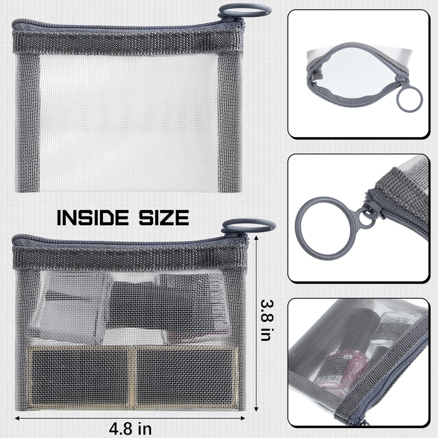 Frienda 10 Pcs Small Mesh Bags with Zipper Mini Zipper Mesh Bags Nylon Cosmetic Coin Purse Pouches Portable Reusable Storage Pouch with Keychain for Women Home Travel(5 x 4 Inch,Grey)