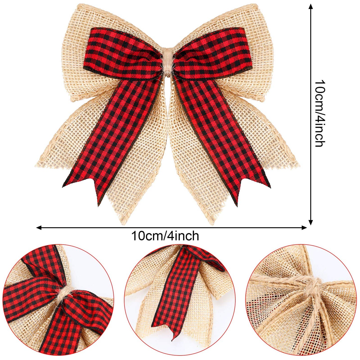 Syhood 12 Pieces Burlap Bows 4.8 x 4.8 Inches for Christmas Tree - Double Layer Plaid Wreath Decorative for Christmas Decorate Tree Festival Holiday Party Supplies (Red and Black)