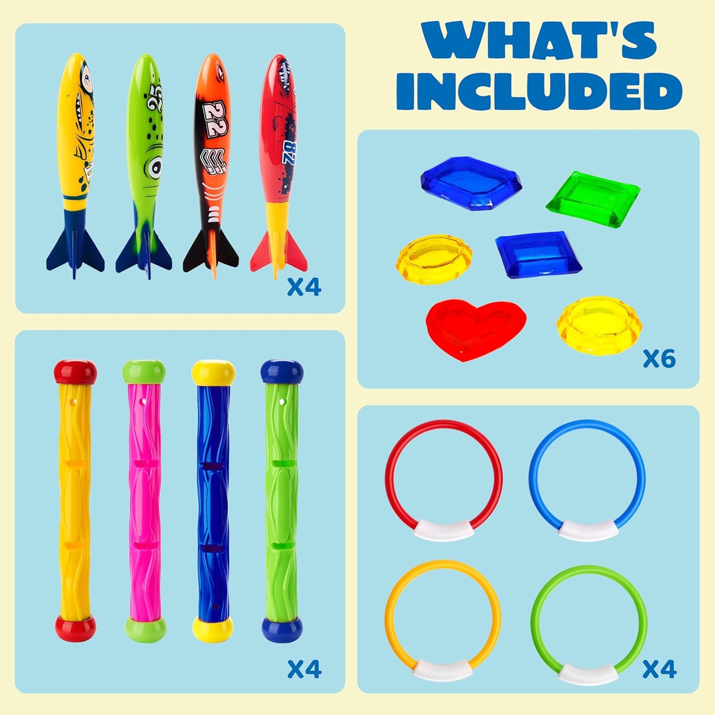 JOYIN 18Pcs Diving Pool Toys for Kids, Swimming Pool Toy with Storage Bag Includes 4 Pool Rings, 4 Diving Sticks, 4 Bandits, 6 Treasures Underwater Swim Pool Games for Ages 8-12