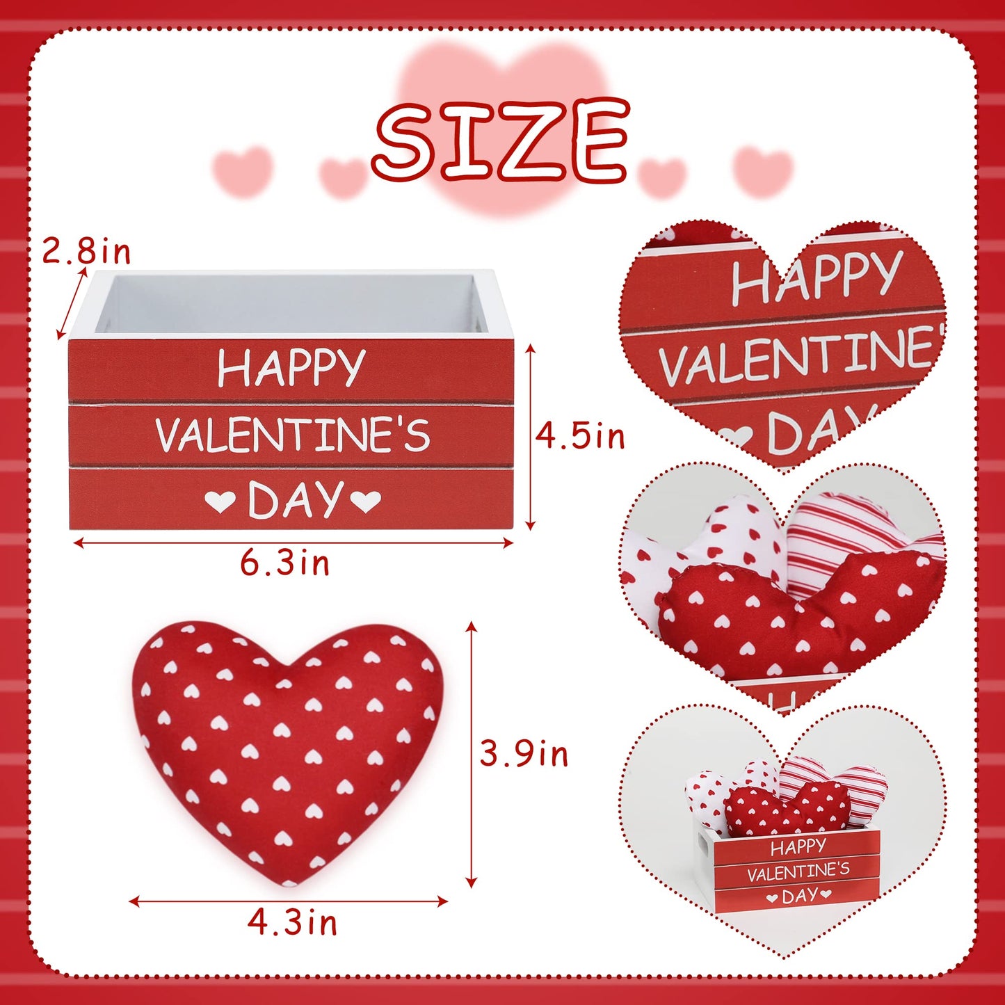 KORMMCO Valentine Decor Wooden Created with 3 PCS Fabric Heart, Valentines Table Centerpiece,Farmhouse Table Decor for Tiered Tray, Valentine's Home Kitchen Decor,Red